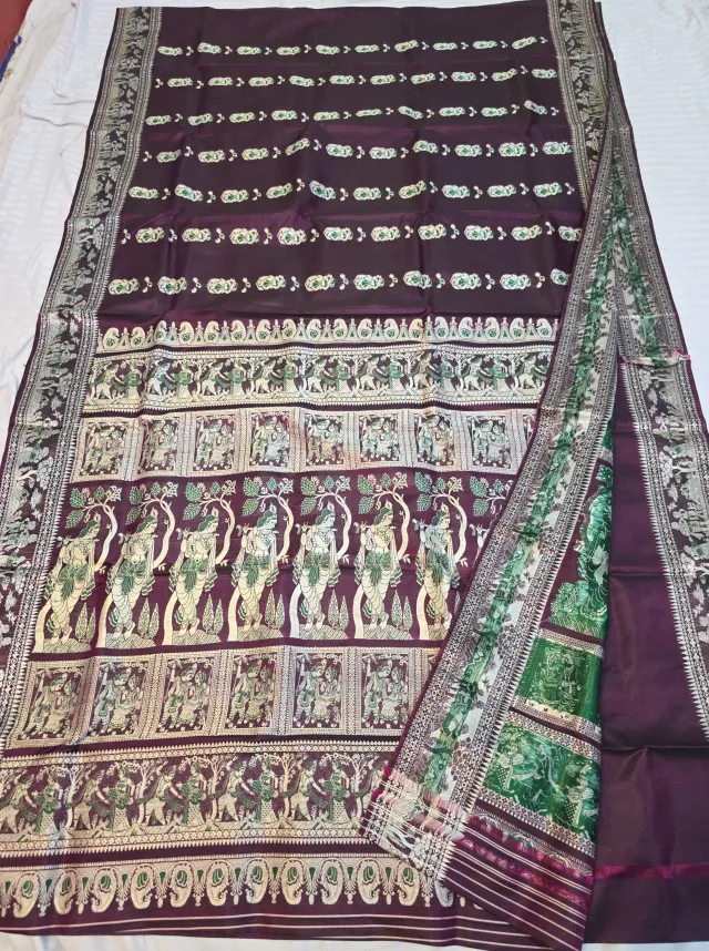Premium Chocolate Brown Baluchari Pure Bishnupur Silk Saree