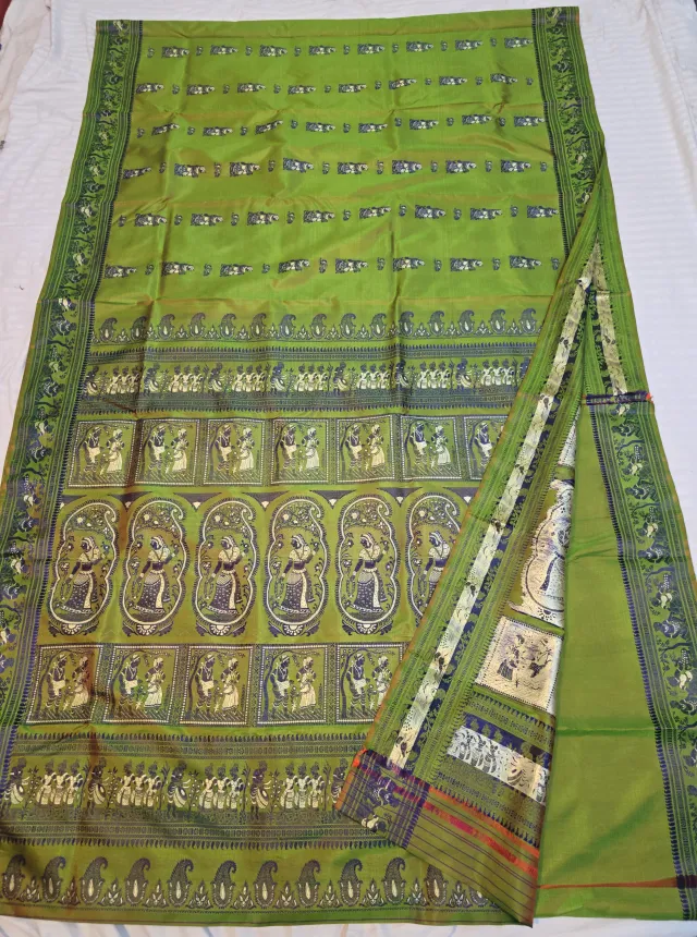 Premium Mehndi Green Baluchari Pure Bishnupur Silk Saree