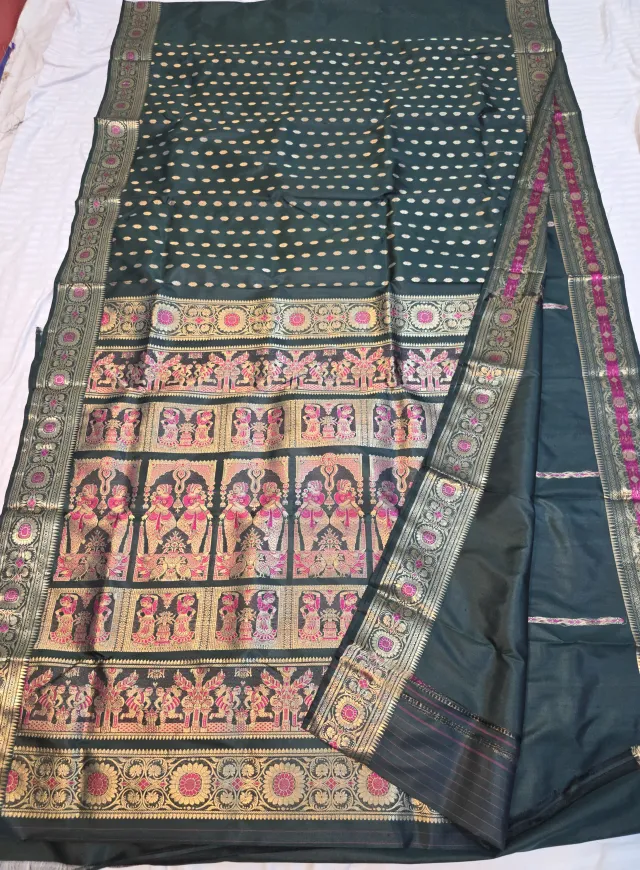 Premium Bottle Green 2000 Buti Swarnachuri Pure Bishnupur Silk Saree
