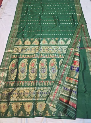 Premium Bottle Green 2000 Buti Swarnachuri Pure Bishnupur Silk Saree