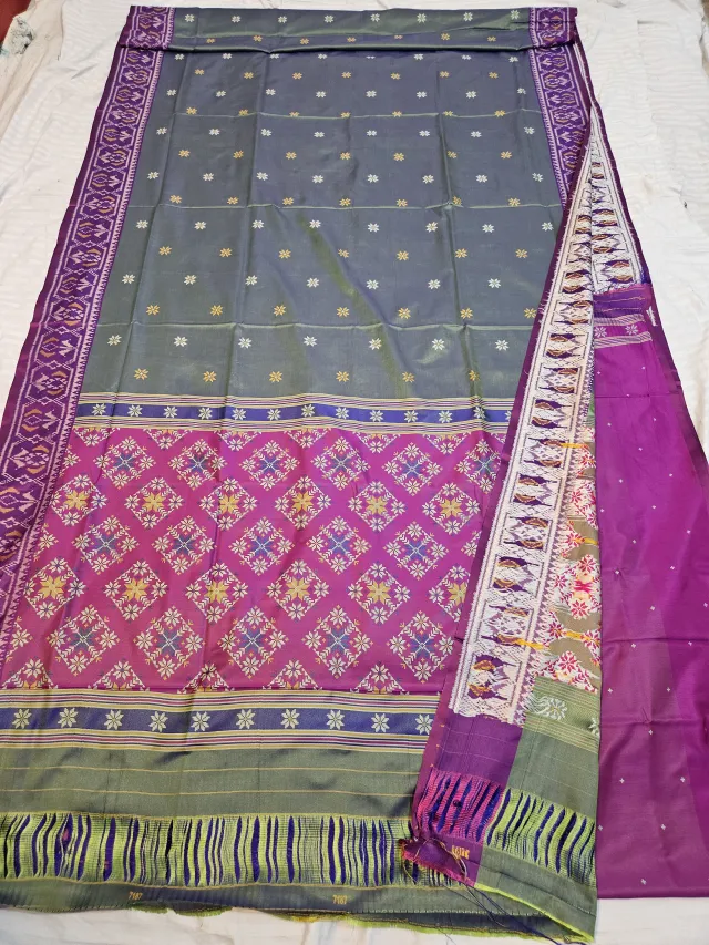 Premium Olive Green Art Silk Ikkat Saree with Magenta Pallu