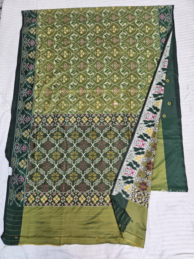 Premium Olive Green Patola Pattern Art Silk Ikkat Saree