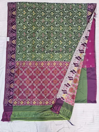 Premium Muted Olive Green with Magenta-Pink Pallu Art Silk Ikkat Saree