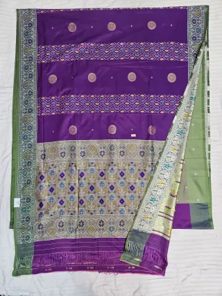 Premium Rich Royal Purple with Olive Green Pallu Art Silk Ikkat Saree