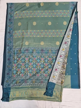 Premium Sea Green with Deep Teal-Cyan Pallu Art Ikkat Saree