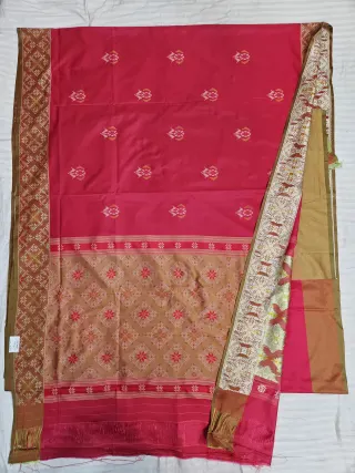 Premium Rani Red with Golden Olive-Beige pallu Art Silk Saree