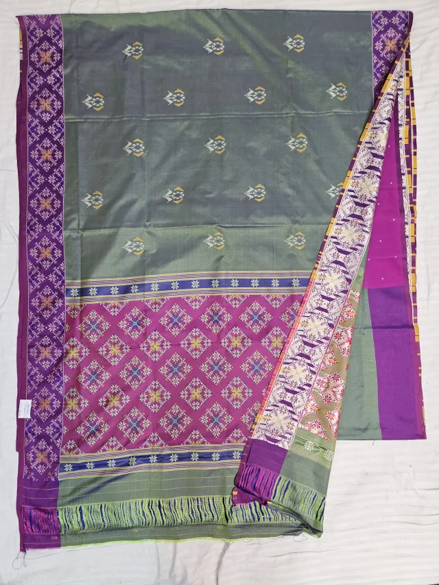 Premium Olive Green with Magenta-Pink Pallu Art Silk Ikkat Saree