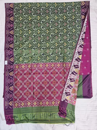 Premium Olive Green with Magenta-Pink Pallu Art Silk Ikkat Saree