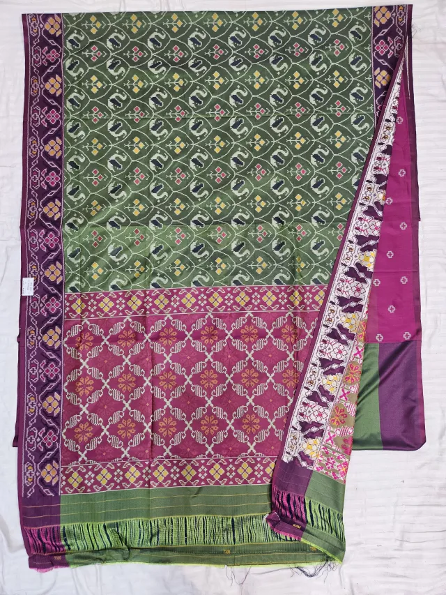 Premium Olive Green with Magenta-Pink Pallu Art Silk Ikkat Saree