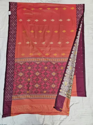 Premium Orange with Wine-Purple Pallu Art Silk Ikkat Saree