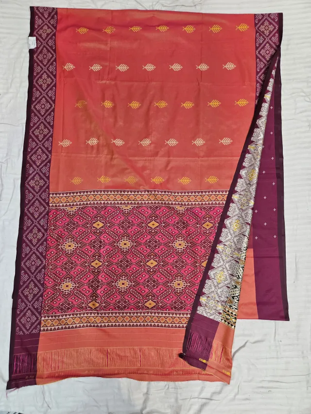 Premium Orange with Wine-Purple Pallu Art Silk Ikkat Saree