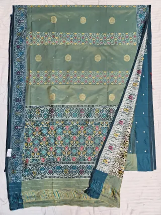 Premium Sea Green with Teal-Cyan Pallu Art Silk Ikkat Saree