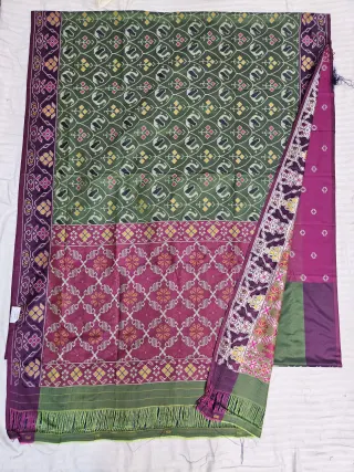 Premium Olive Green with Magenta-Pink Pallu Art Silk Ikkat Saree