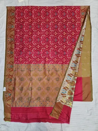 Premium Crimson Red with Golden Beige Pallu Art Silk Ikkat Saree
