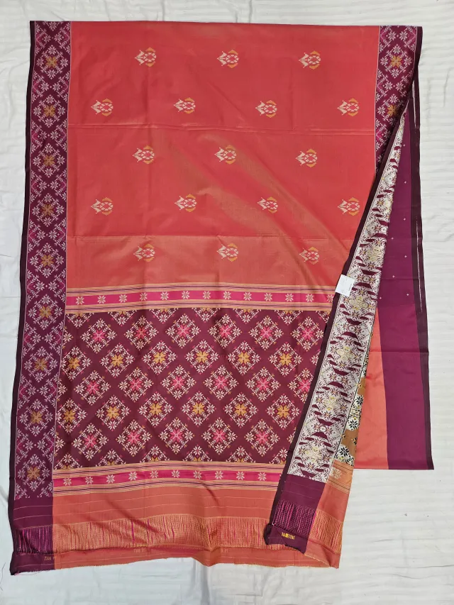 Premium Dual Tone Orange Art Silk Ikkat Saree with Wine Pallu