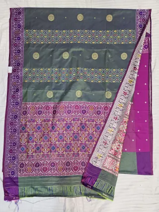 Premium Bottle Green Art Silk Ikkat Saree with Purple Pallu
