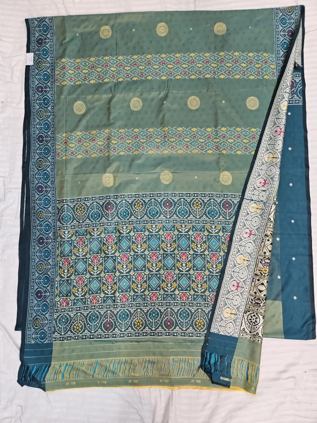 Premium Olive Green Art Silk Ikkat Saree with Teal Pallu