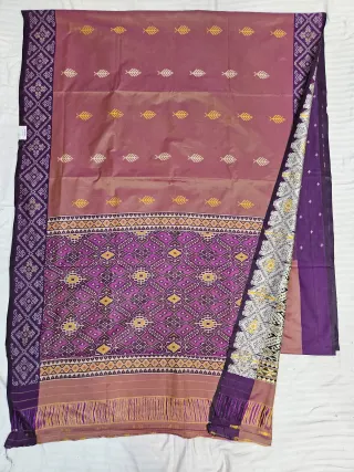 Premium Dusty Rose Art Silk Ikkat Saree with Deep Plum Purple Pallu