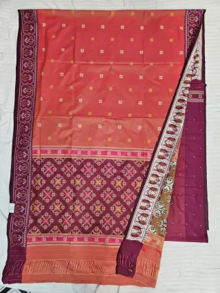 Premium Orange with Deep Wine-Purple Pallu Art Silk Ikkat Saree
