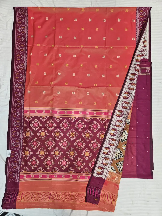 Premium Orange with Deep Wine-Purple Pallu Art Silk Ikkat Saree