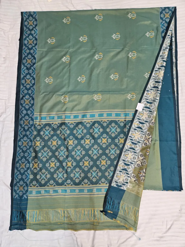 Premium Sea Green Art Silk Ikkat Saree with Teal Pallu