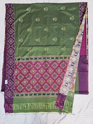Premium Olive Green Art Silk Ikkat Saree with Magenta Pallu
