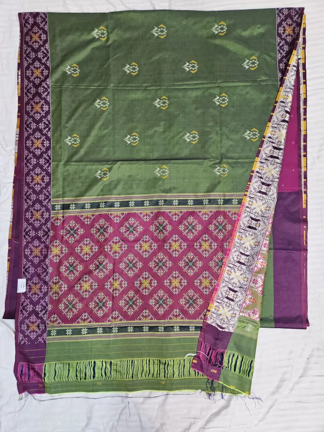 Premium Olive Green Art Silk Ikkat Saree with Magenta Pallu