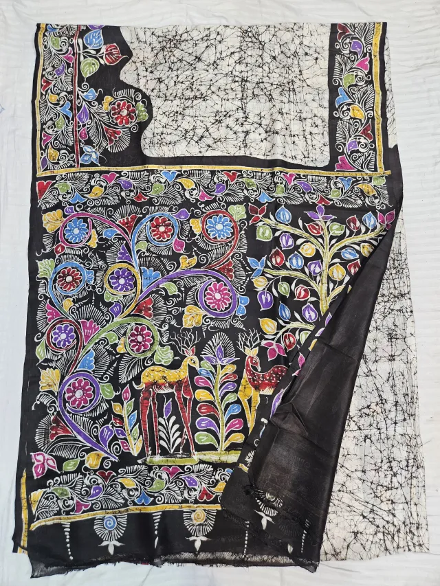 Hand-Painted Soru Tuli Batik Pure Murshidabad Silk Saree in Off-White & Black