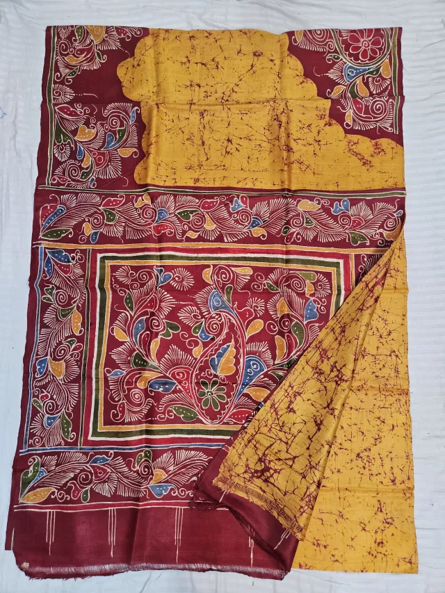 Hand-Painted Soru Tuli Batik Pure Murshidabad Silk Saree in Mustard Yellow & Maroon