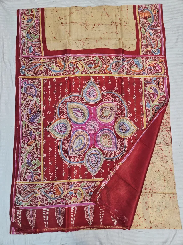 Hand-Painted Soru Tuli Batik Pure Murshidabad Silk Saree in Light Yellow & Red