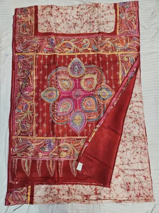 Hand-Painted Soru Tuli Batik Pure Murshidabad Silk Saree in Off-White & Red