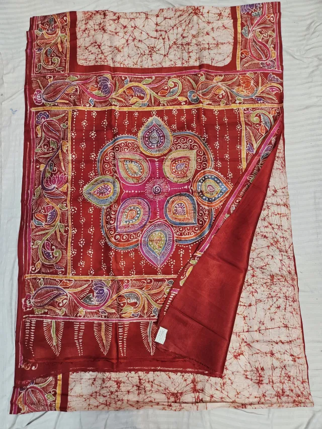 Hand-Painted Soru Tuli Batik Pure Murshidabad Silk Saree in Off-White & Red