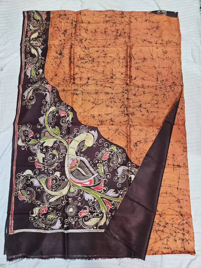 Hand-Painted Soru Tuli Batik Pure Murshidabad Silk Saree in Rust & Coffee Brown