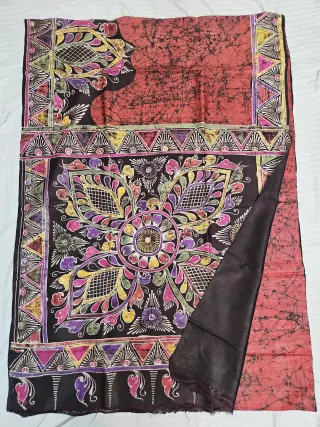 Hand-Printed Soru Tuli Batik Pure Murshidabad Silk Saree in Brick Red & Black
