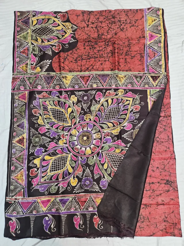 Hand-Printed Soru Tuli Batik Pure Murshidabad Silk Saree in Brick Red & Black