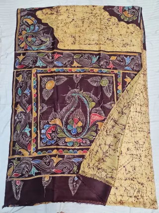 Hand-Painted Soru Tuli Batik Pure Murshidabad Silk Saree in Biscuit & Coffee Brown
