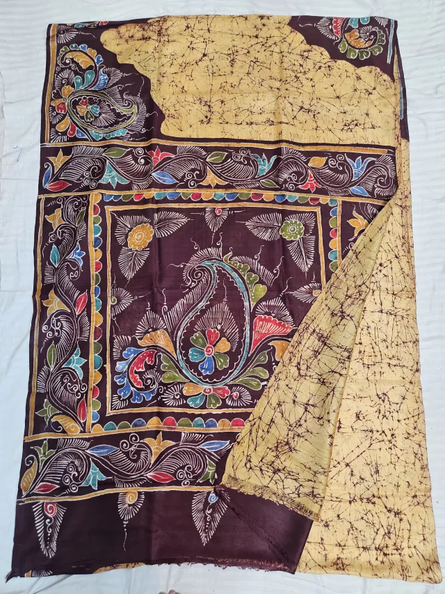 Hand-Painted Soru Tuli Batik Pure Murshidabad Silk Saree in Biscuit & Coffee Brown