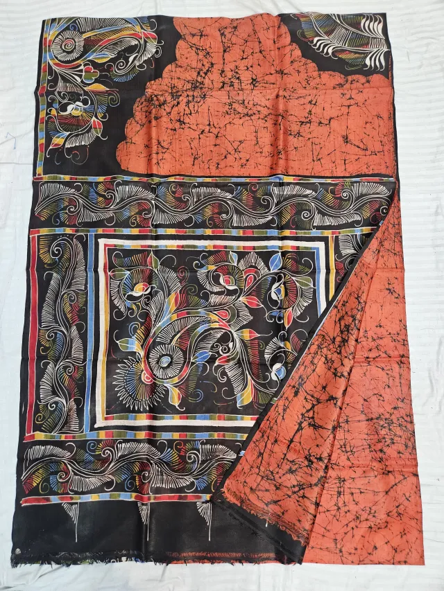 Hand-Painted Soru Tuli Batik Pure Murshidabad Silk Saree in Rust & Black