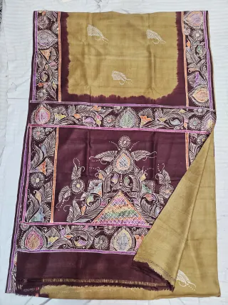Hand-Painted Soru Tuli Batik Pure Murshidabad Silk Saree in Golden Olive & Wine