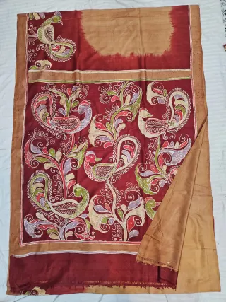 Hand-Painted Soru Tuli Batik Pure Murshidabad Silk Saree in Biscuit & Crimson Maroon