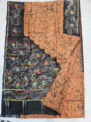 Hand-Painted Soru Tuli Batik Pure Murshidabad Silk Saree in Rust & Black