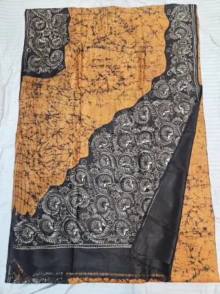 Hand-Painted Soru Tuli Batik Pure Murshidabad Silk Saree in Biscuit & Black