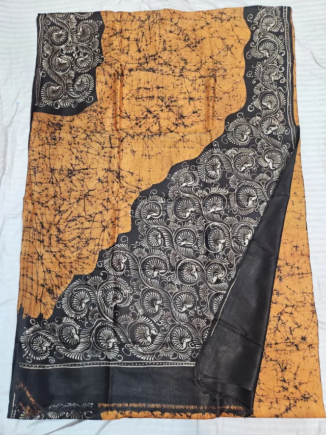Hand-Painted Soru Tuli Batik Pure Murshidabad Silk Saree in Biscuit & Black
