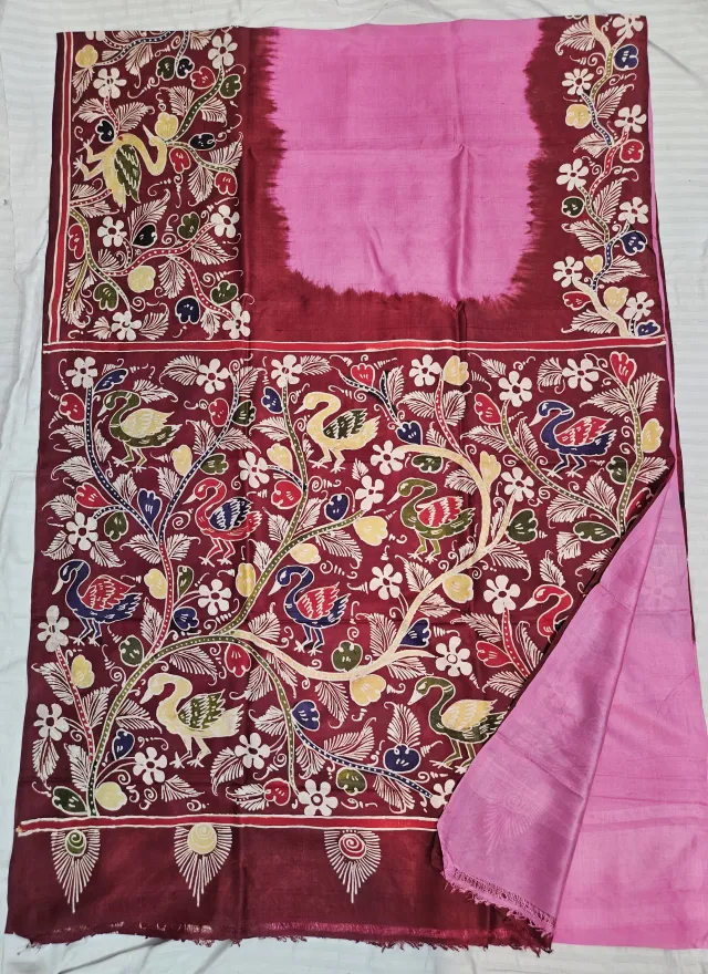 Hand-Painted Soru Tuli Batik Pure Murshidabad Silk Saree in Rose Pink & Maroon