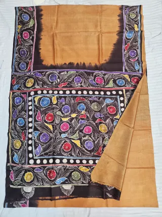 Hand-Painted Soru Tuli Batik Pure Murshidabad Silk Saree in Biscuit & Black