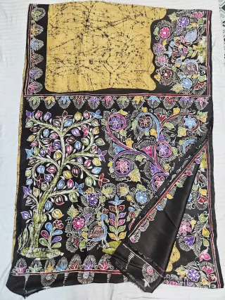 Hand-Painted Soru Tuli Batik Pure Murshidabad Silk Saree in Biscuit & Black