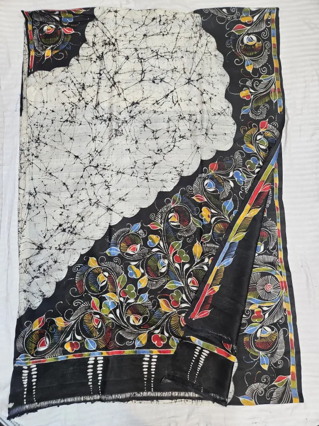 Hand-Painted Soru Tuli Batik Pure Murshidabad Silk Saree in Off-White & Black