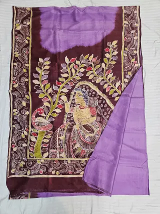 Hand-Painted Soru Tuli Batik Pure Murshidabad Silk Saree in Lavender & Wine
