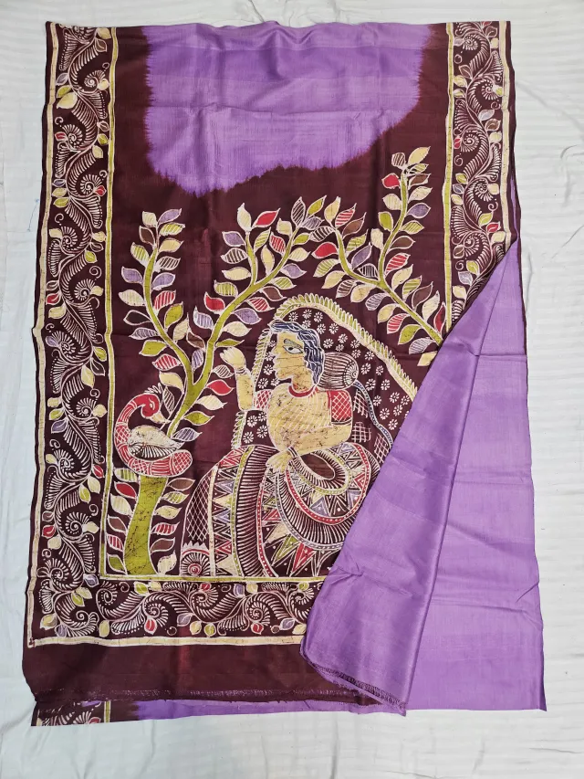 Hand-Painted Soru Tuli Batik Pure Murshidabad Silk Saree in Lavender & Wine