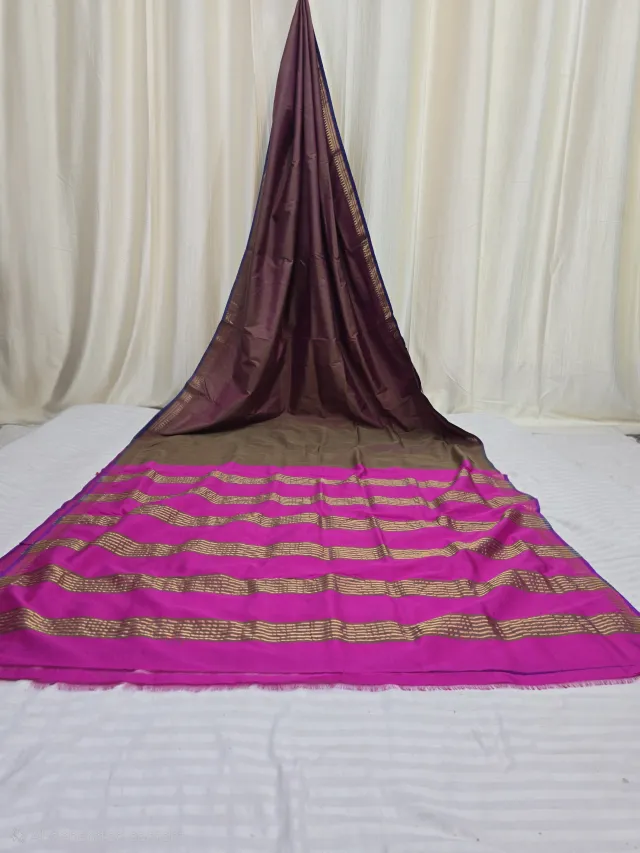 Pure Bishnupur Katan Silk Inchi Par Saree in Chocolate & Rani Pink